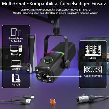 Динамічний XLR/USB мікрофон для геймінгу, подкастів, ПК, телефону, стрімінгу з RGB-підсвіткою, кнопкою вимкнення звуку, підсиленням, підставкою, для співу та YouTube