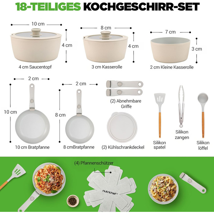 Набір посуду NutriChef 18 частин з кераміки кремового кольору з знімними ручками. Підходить для індукційних плит, всіх типів плит, духовок. Антипригарне покриття, компактний, можна складати.