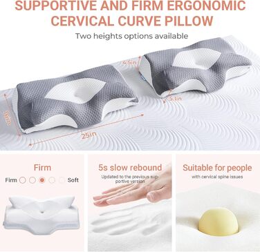 Ортопедична подушка для шиї Elviros з піни Memory Foam, ергономічна, для сну на спині, боці та животі, знімний охолоджуючий чохол, 64×(11,5/13)×40 см, сірий