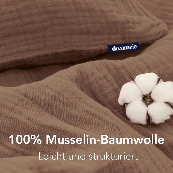 Комплект постільної білизни Dreamzie з мусліну, 135x200 см, 100% бавовна (муслін) – 2 наволочки 80x80 см, 2 наволочки 80x80 см, з блискавкою, сертифікат Oeko-Tex (Мокко, 200x200 см + 2 x 80x80 см)