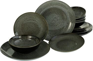 Реактивна ностальгічна серія (сірий/чорний), набір посуду з 16 предметів, комбінований сервіс з керамограніту, можна мити в посудомийній машині та мікрохвильовій печі, якісне виробництво (набір тарілок - 12 предметів, сірий / чорний), 23675