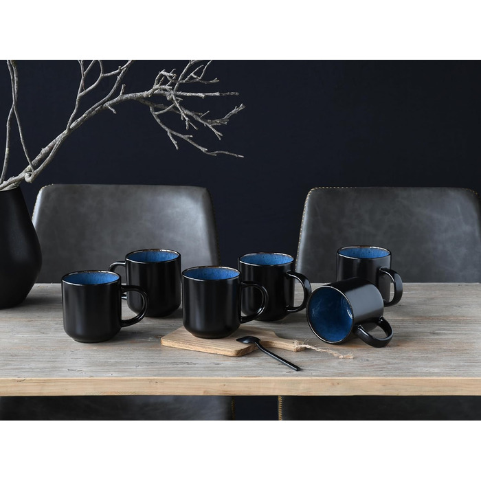 Набір посуду серії Nordic Fjord 18шт, набір тарілок з порцеляни (набір кавових кухлів із 6 предметів, синій), 21551