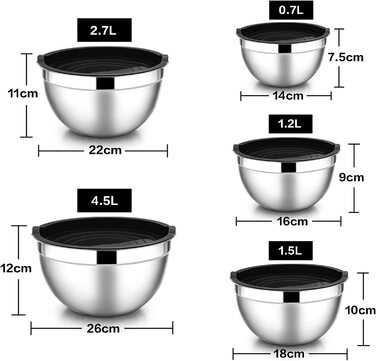 Набір з 5 мисок для змішування, набір салатниць з нержавіючої сталі HaWare з герметичною кришкою - 4,5 л/2,7 л/1,5 л/ 1,2 л/0,7 л, idea