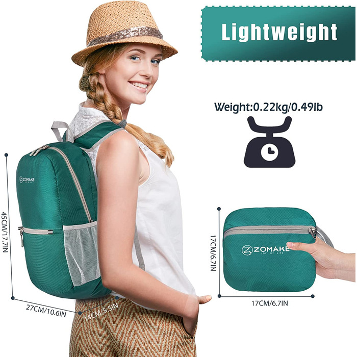 Надлегкий складаний рюкзак ZOMAKE об'ємом 20 л, невеликі рюкзаки, водонепроникний похідний рюкзак, що упаковується рюкзак для жінок і чоловіків, походи на відкритому повітрі (темно-зелений)