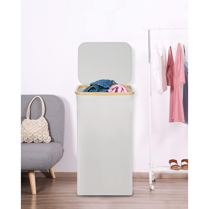 Великий кошик для білизни з кришкою, 100 л, з бамбуковими ручками, для зберігання одягу та іграшок, складний, з внутрішньою кишенею, для спальні та ванної кімнати