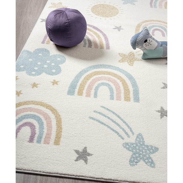 Сучасний м'який дитячий килим з м'яким ворсом, легкий у догляді, стійкий до фарбування, з райдужним малюнком (240 х 340 см, кремова суміш)