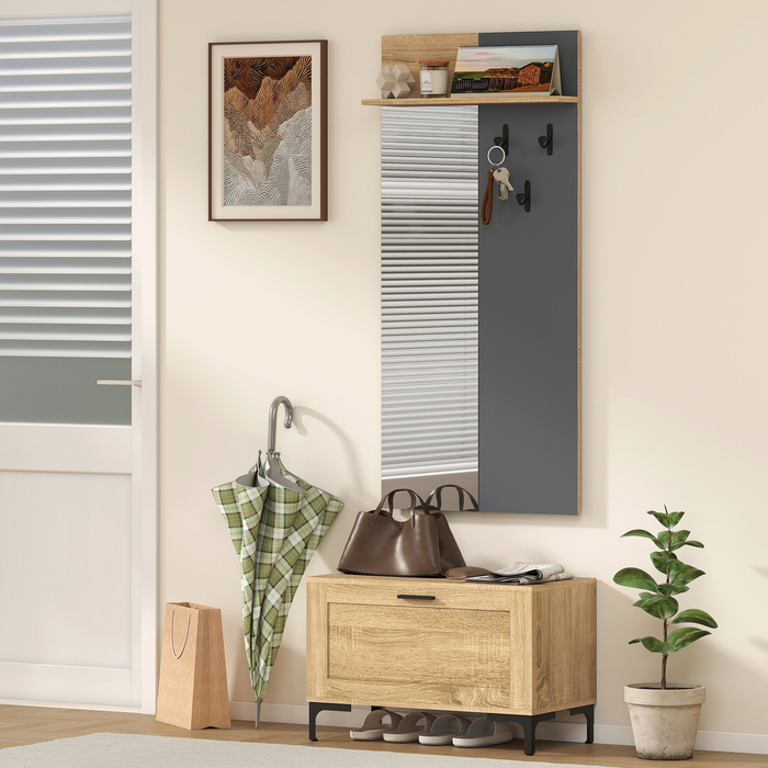 Комплект для передпокою: полиця для взуття, дзеркало, 3 гачки, відкрита полиця, меблі для передпокою, натуральне дерево + сірий