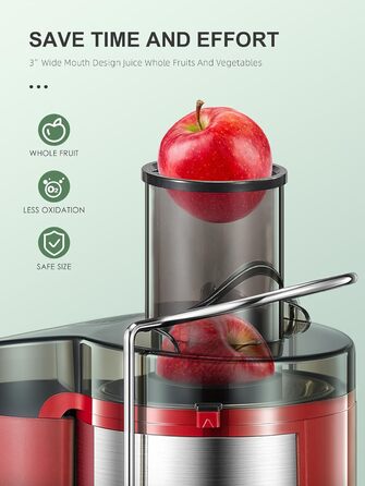Reemix Соковитискач для овочів та фруктів, професійний Max Juicer з нержавіючої сталі, 800W, 3 швидкості, червоний
