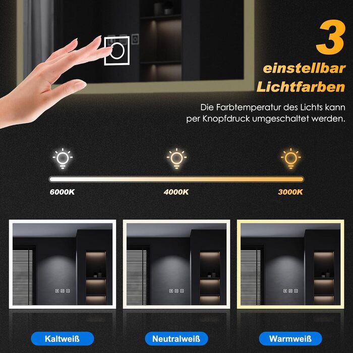 Дзеркало для ванної кімнати SONNI LED 50x70 см з LED-підсвічуванням, сенсорним керуванням, 3 кольори світла, проти запотівання та функцією пам'яті. Білий колір.