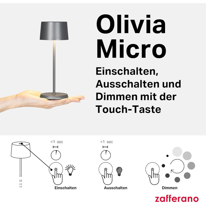 Zafferano Olivia Micro - Бездротова LED-лампа, 2200-3000K, регулювання яскравості, для дому та вулиці, 20 см, білий колір