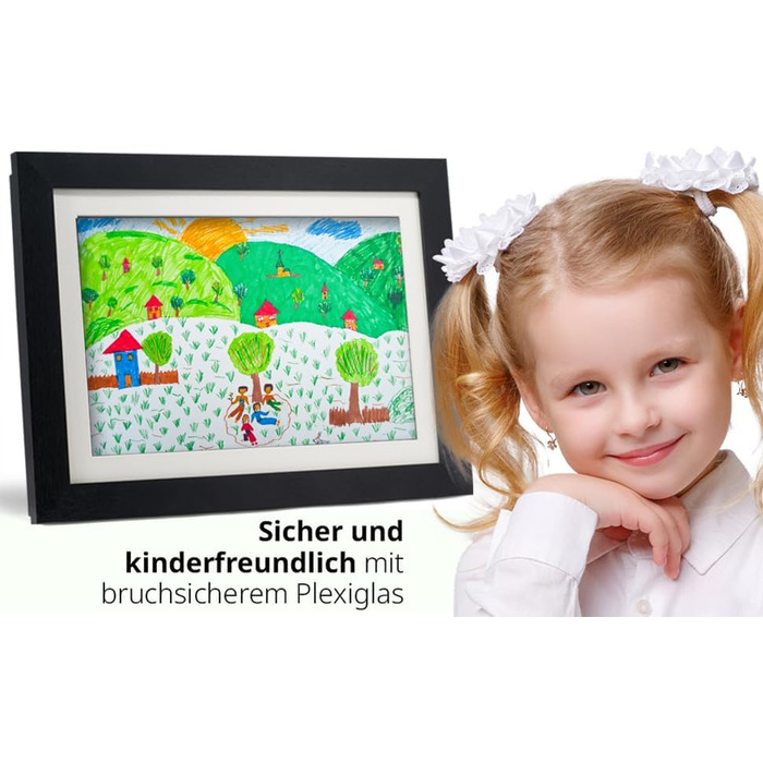 Рамка для дитячих малюнків KIYARI A4, 2 шт., білий, розкладний, з фронтальним доступом, для 150 малюнків, міцне дерево, безпечне скло, для творчості, дитячої кімнати та школи