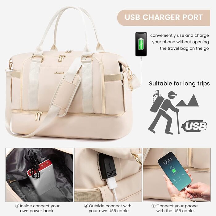 Спортивна сумка Lovevook для подорожей: жіноча дорожня сумка-шопер, сумка для вихідних з косметичкою, відділенням для взуття та мокрих речей, водонепроникна, 37л, бежева