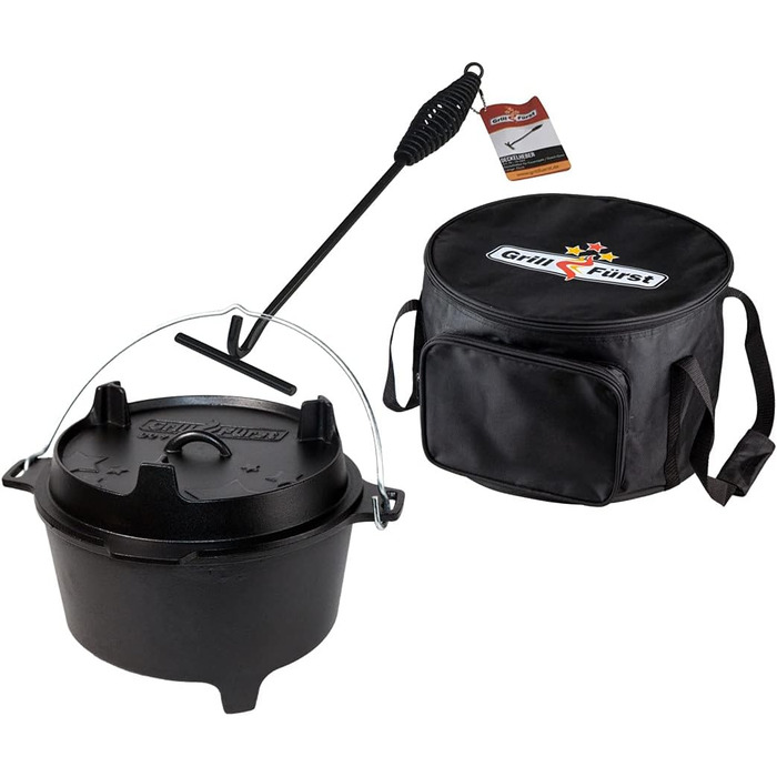 Набір голландської печі Grillfürst Dutch Oven BBQ Edition DO 9: чавунний котелок 8,5 л з підставкою, підняття кришки та сумка для зберігання