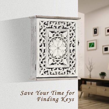 Коробка для ключів Optyuwah, дерев'яна коробка для ключів з Європейським видовбаним шафою для ключів і 6 гачками для ключів, вінтажна біла коробка для ключів