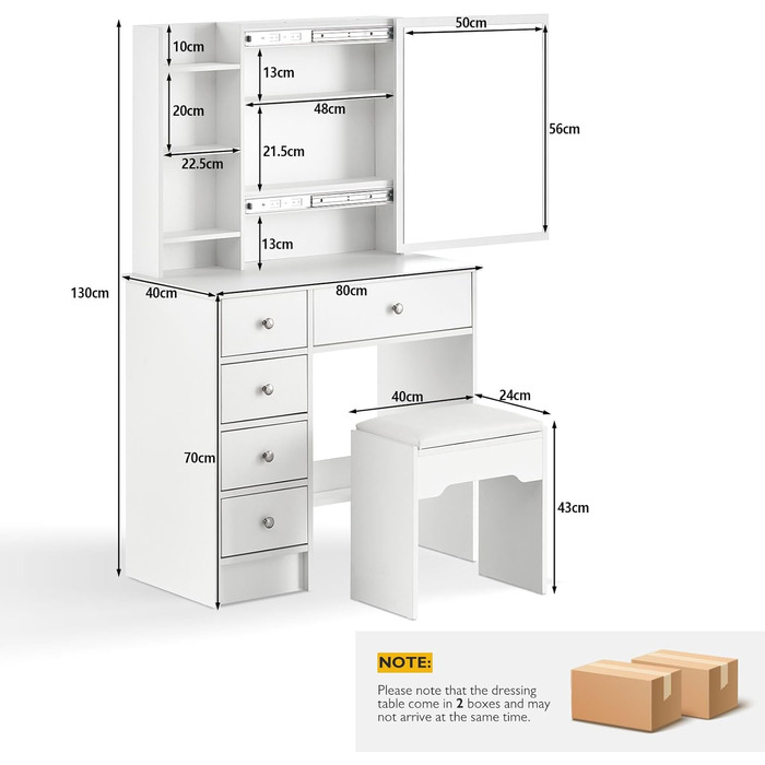 Туалетний столик з розсувним дзеркалом, 5 ящиків, полички, табурет, 40x80x130 см, білий