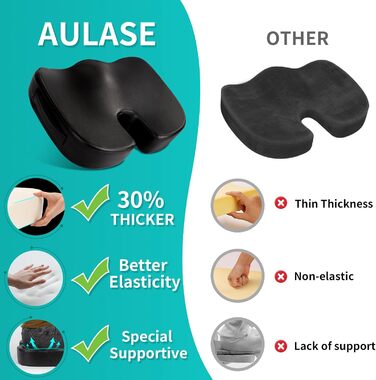 Подушка для сидіння Aulase Luxus: товстий Memory Foam для спини, куприту та ішіасу. Підходить для офісу, авто, ігор (чорний)