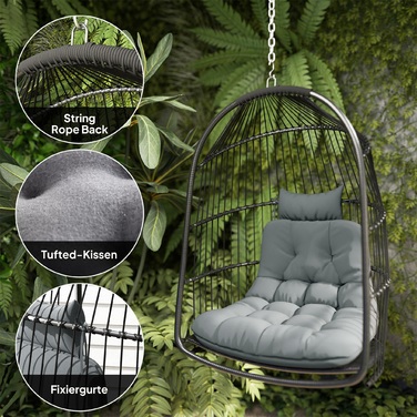 Підвісне крісло Підвісний кошик з подушкою Poly Rattan Swing Зовнішнє складне підвісне крісло з навантаженням до 150 кг Підвісне гойдалка Плетене підвісне крісло для вітальні Балкон Тераса Темно-сірий | Аосом