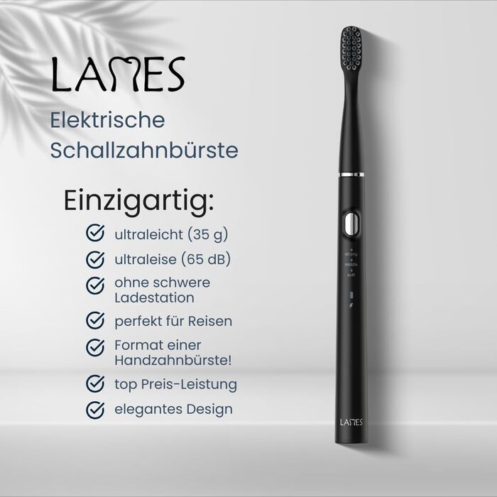 Звукова зубна щітка LAMES ультралегка та компактна, до 100 днів роботи від акумулятора, 3 режими чищення, Smart-Timer, USB зарядка, чорна
