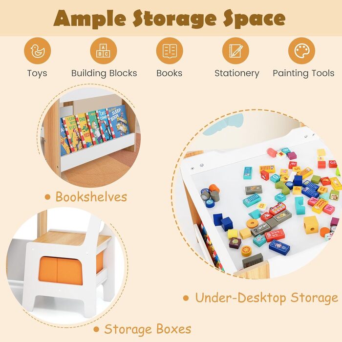 Дитячий стіл LIFEZEAL 3 в 1 з 2 стільцями: стіл для малювання, активностей та ігор. Дерев'яна дитяча група з місцем для зберігання (натуральний колір)