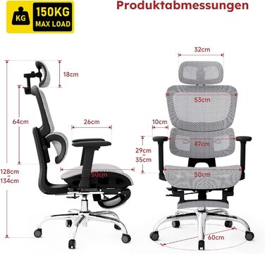 Ергономічне офісне крісло Voll-Mesh з підголівником, підставкою для ніг, регульованою спинкою, підлокітниками, саморегульованою поперековою підтримкою, PU-колесами, поворотним на 360°, навантаження до 150 кг, (Світло-сірий)