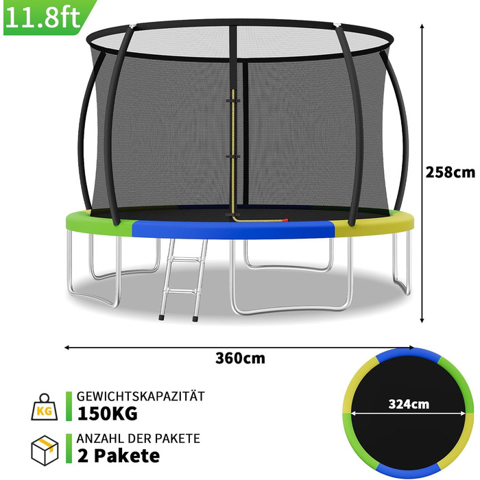 Батут JUMMICO садовий Ø360 см з сіткою безпеки та захисним покриттям для дітей, кольоровий