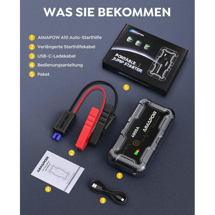 Powerbank Starthilfe AIMAPOW для автомобіля з компресором 160PSI, 27000mAh, 4000A, для бензинових та дизельних двигунів (до 12.0L), LED-ліхтар 600 LUM