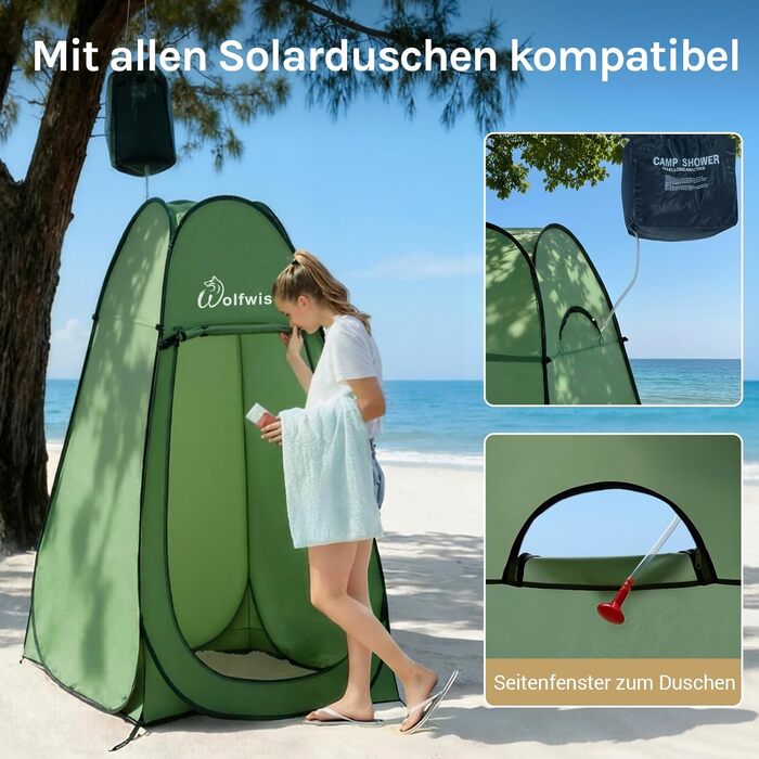 Складана душова та роздягальня палатка WolfWise для кемпінгу та пляжу, водонепроникна з UV-захистом, компактна (190x100 см), зелена
