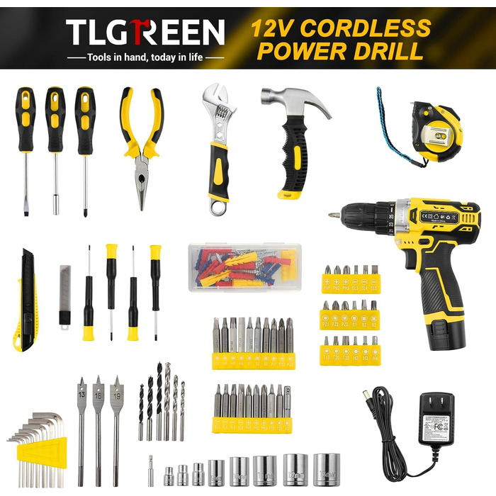 Набір інструментів TLGREEN з акумуляторною викруткою 12V, 138 предметів у кейсі для ремонту та побутових робіт (жовтий)