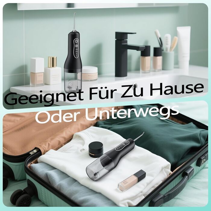 Електрична іригатор Munddusche: тестер-переможець 2025, 260 мл резервуар, IPX7 водонепроникність, 5 насадок, 40 днів роботи, для догляду за порожниною рота, чорний