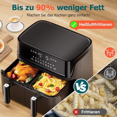 Фритюрниця повітряна 10л, 2 камери, 10-в-1, з цифровим керуванням, таймер, 40 рецептів, для 6-10 осіб