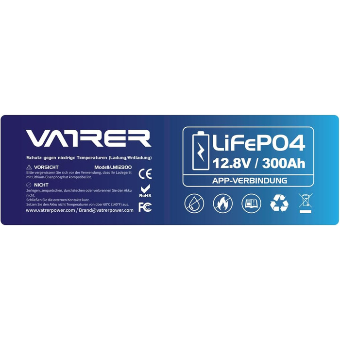 Літієва батарея VATRER POWER 12V 100AH LiFePO4 з Bluetooth, 100A BMS, 5000 циклів, 1280 Вт, захист від низької температури