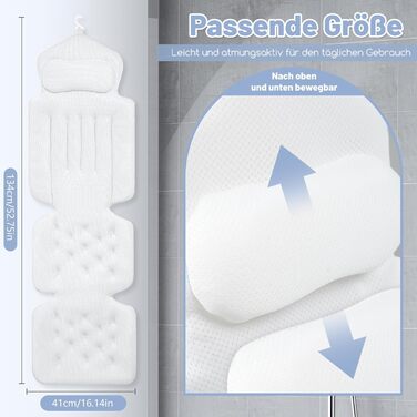 Подушка для ванни повномірна 134x41 см з підголівником та підтримкою попереку, швидковисихаюча, гіпоалергенна, з гачком та рукавичкою для ванни