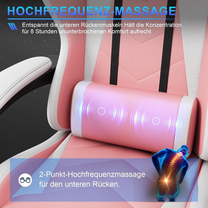 Ігровий крісло JUMMICO з масажем, ергономічний офісний стілець з підголовником, регульована спинка 90-135°, підставка для ніг, витримує до 150 кг (Рожевий, Компактний)