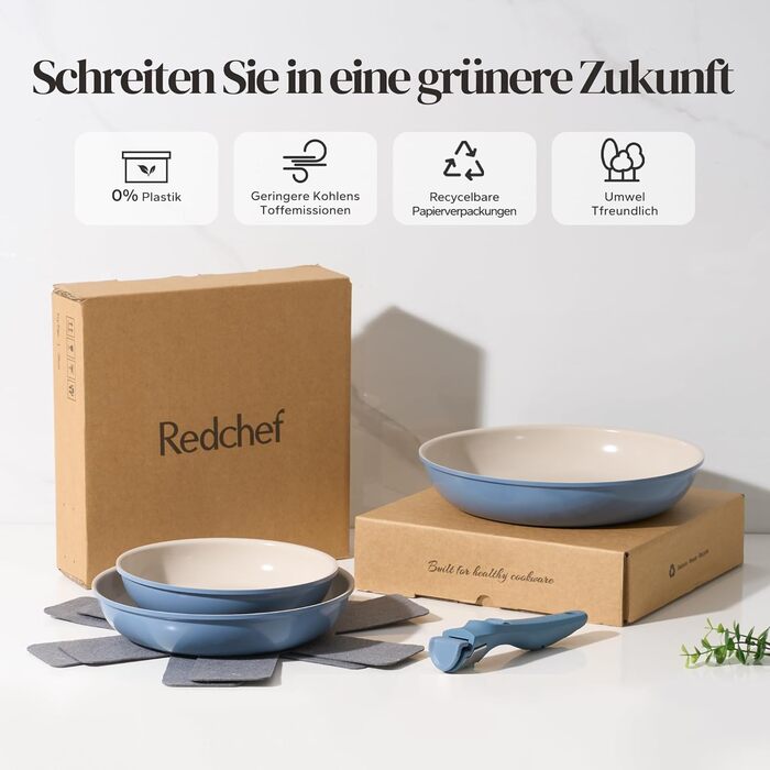 Набір сковорідок Redchef з знімними ручками, індукційні сковороди з керамічним покриттям, антипригарні, 6 предметів (20, 24, 28 см), економія місця, без PTFE, PFOA та PFAS (блакитні)