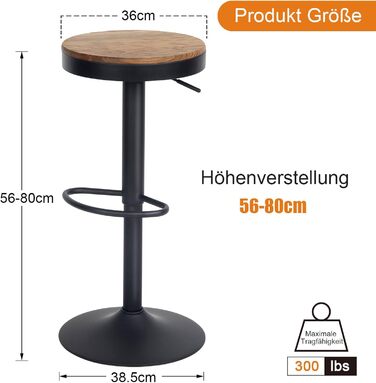 Барні стільці Kidol & Shellder 2 шт. Регульована висота, поворотні на 360°, кругла дерев'яна стільниця на металевому каркасі, чорний колір. Підходять для кухні, бару, вітальні.