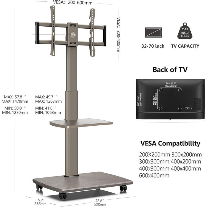 Підлогова підставка для телевізора FITUEYES Rollbar з дерев'яною полицею, регульована по висоті, поворотна, на 32-70 дюймів, хакі