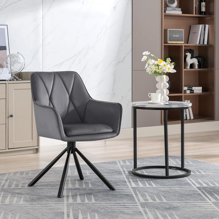 Набір обідніх стільців Lestarain 4 шт., поворотні, для кухні, спальні, вітальні, м'які з підлокітниками та спинкою, металеві ніжки, оксамит, темно-сірий