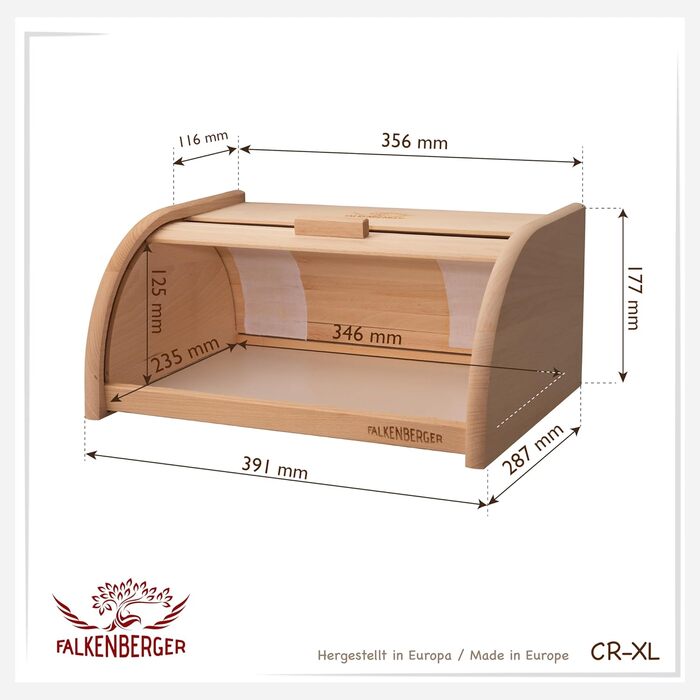 Хлібниця FALKENBERGER з букового дерева 38x28x18см XL Рулонний хлібний контейнер традиційний з кришкою для рулону ручної роботи