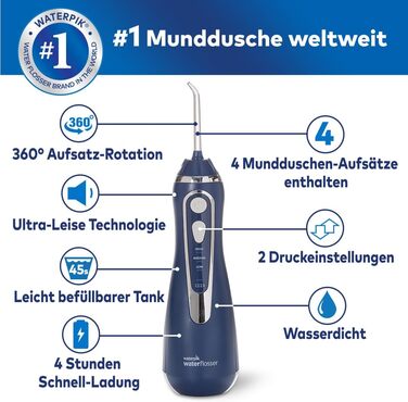 Waterpik Advanced Бездротова Іригатор для Рота, Тестер-Переможець 2024, Технологія Precision Pulse, До 99,9% Видалення Нальоту, 4 Насадки, 3 Режими, Індукційна Зарядка, Білий (Cordless Advanced Blue)