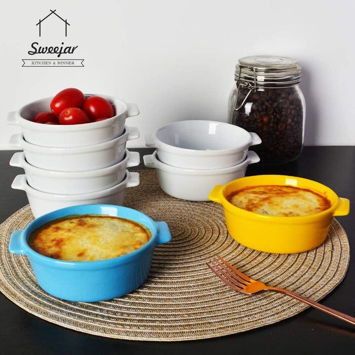 Керамічні страви для суфле Sweejar Home, кругла формочка для випічки з двома ручками, 280 мл для пудингу, крем-брюле, набір з 6 суфле (біле)