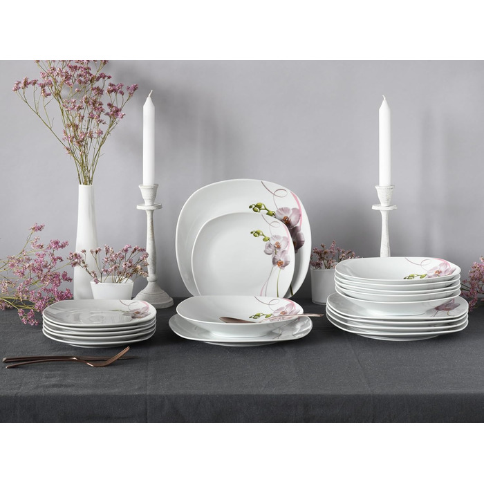 CreaTable Серія Square Orchidee: 18-частинний порцеляновий сервіз для 6 осіб (кавовий сервіз)