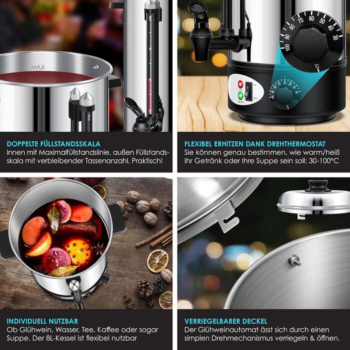 Глювайновий котел KESSER® 8L з нержавіючої сталі: котел для глінтвейну з термостатом, 10 склянок, дисплей рівня, кран, сріблястий