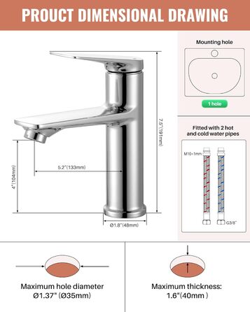 Змішувач для ванної кімнати, однорідний змішувач для раковини, хром, високий тиск, висота виливу 104 мм