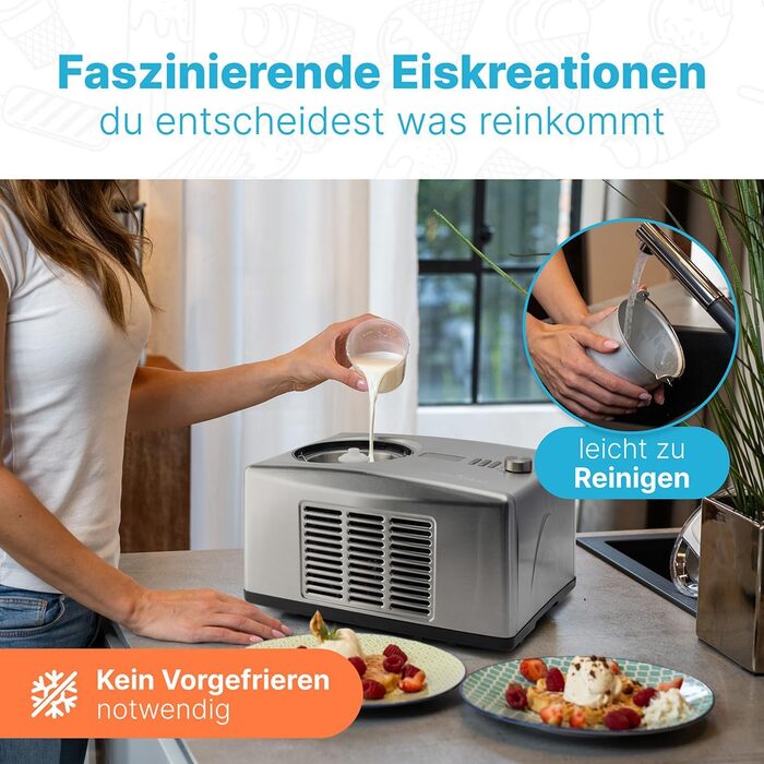 Машина для приготування морозива та йогурту ProfiCook® ICM 1091 N з нержавіючої сталі | Морозиво за 20 хвилин | Об'єм до 1500 мл | З компресором | Для морозива та замороженого йогурту | В комплекті рецепти, шпатель для морозива та мірний стакан | Нова мод