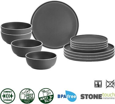 Набір посуду BRUNNER Melamin Camping | 12 предметів - тарілки та миски для 2-4 осіб | DOLOMIT Midday - Стійкий до подряпин, штакельний набір 12 предметів