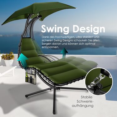 Кесер® Розкішна гамак-шезлонг з сонцезахисним козирком, 194x100 см, до 120 кг, з подушкою для шиї та сумкою (Хакі)