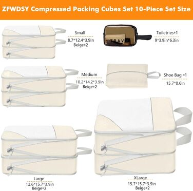 Набір компресійних органайзерів для одягу в дорогу, 10 предметів, стиснення об'єму, дорожній органайзер для валізи та подорожей, бежевий