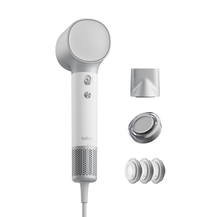 Фен для волосся Laifen Neo Special (Starlight, сріблясто-білий) з безщітковим мотором 110 000 об/хв, іонізацією 200 млн негативних іонів та інтелектуальним контролем температури, 2 магнітні насадки