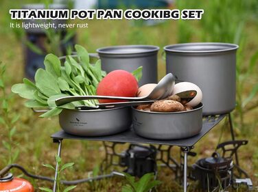 Набір кухонного посуду iBasingo для кемпінгу: титановий посуд з відкидним ручками, 1500 мл каструля та 500 мл сковорода, ідеальний для туризму та пікніків