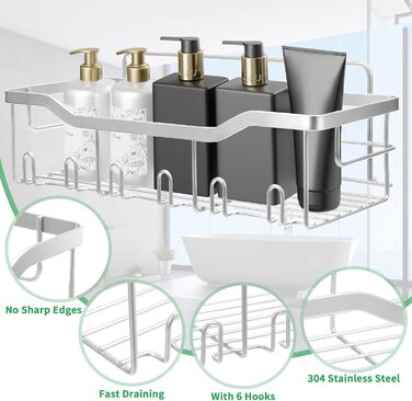Душова полиця без свердління, 5 шт. органайзер для ванної кімнати, сріблясто-сірий SUS304 нержавіюча сталь, душовий кошик Кронштейн для шампуню